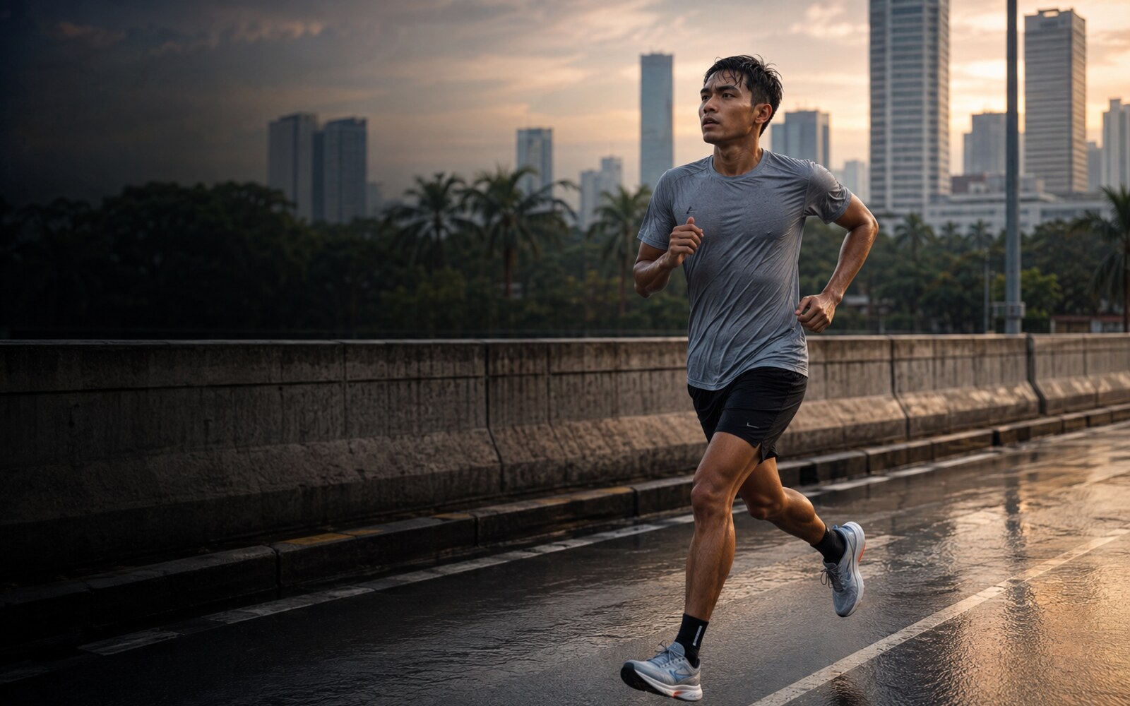 Kaos performa, sepatu ringan, dan aksen reflektif untuk latihan cepat.