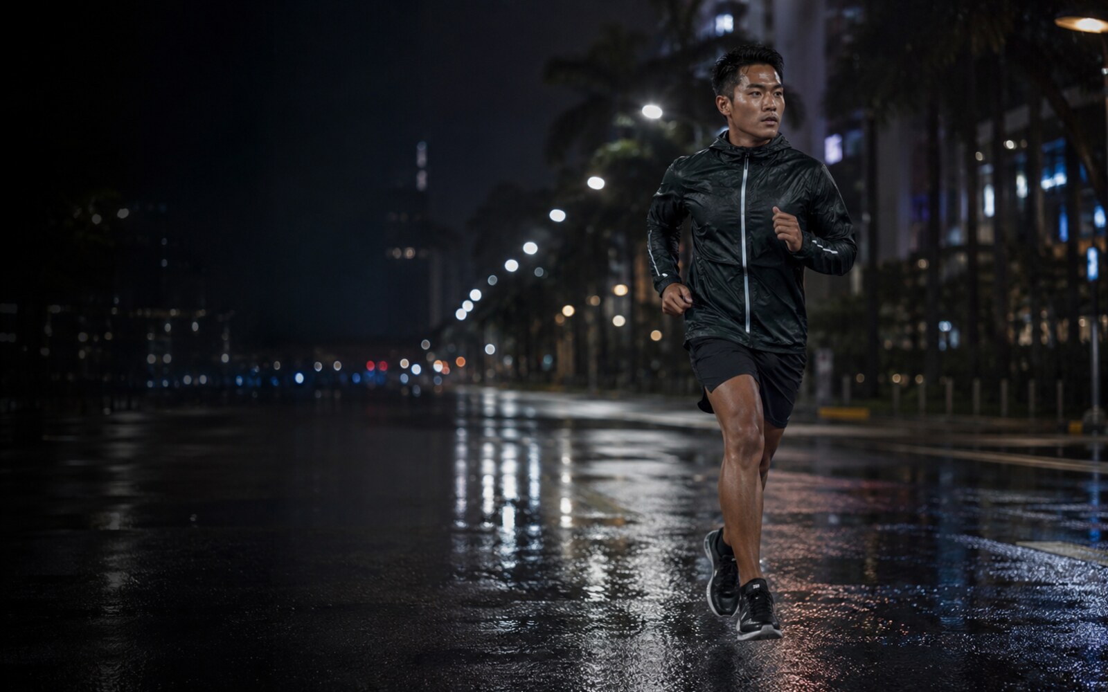 Windbreaker tropis dengan panel ventilasi dan detail terlihat malam.